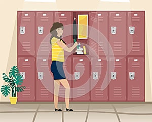 Girl schoolgirl about school locker with things. School corridor. Flat vector illustration