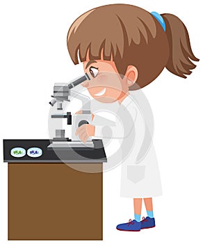 Girl in science gown looking at different cells through microscope