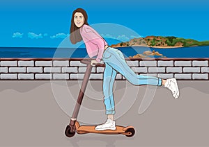 Girl on scooter, cartoon colorful drawing, vector illustration. Painted beautiful woman in jeans and pink sweatshirt in sneakers,