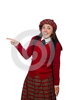 The girl in scottish tartan clothing on white