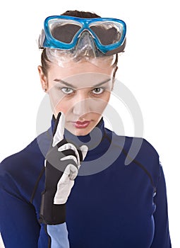 Girl scuba diver in goggles.