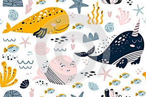Girl sea pattern. Girls nautical seamless pattern Cute sea animals funny whales kids textile clothing package design