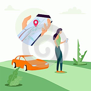 A girl searching car on mobile app, girl searching car following by location illustration concept, Rent a car from unknown locatio