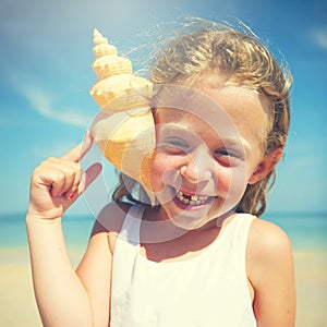Girl Seashell Seashore Beach Summer Holiday Concept