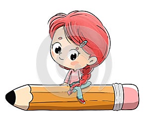 Girl seated in big pencil. She has a braid and red hair. photo