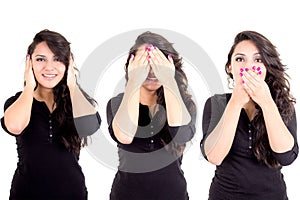 Girl see hear speak no evil metaphor