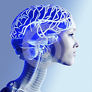 Girl seen in profile, robotically modified, cyborg with human features. Brain and connections.