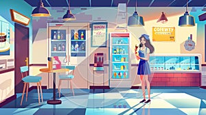 Girl seller in ice cream parlor with cone stand near table with chairs in cafe interior surrounded by equipment fridge