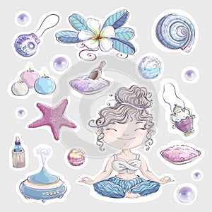 Girl and a set of items and accessories for sea spa