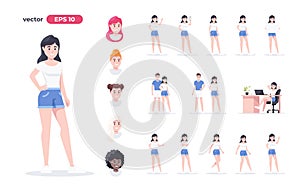 Girl set. Woman in summer clothes, shorts and a t-shirt. Cartoon people in different poses and actions isolated. Cute female