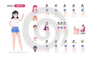 Girl set. Woman in summer clothes, shorts and a t-shirt. Cartoon people in different poses and actions isolated. Cute female