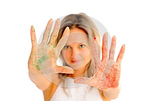 Girl with shiny eyeshadow on her hands