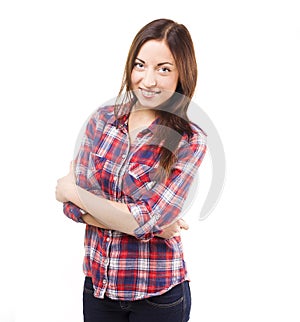 Girl in a shirt in studio. white background