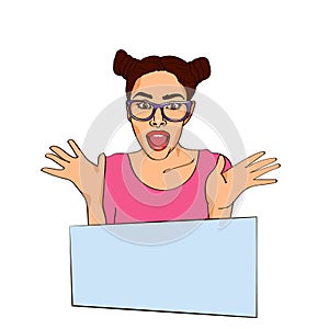 Girl shocked with round eyes and open mouth on white background