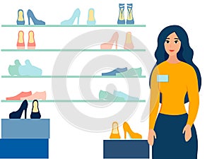 Girl, shoe seller, shop window. In minimalist style. Cartoon flat vector