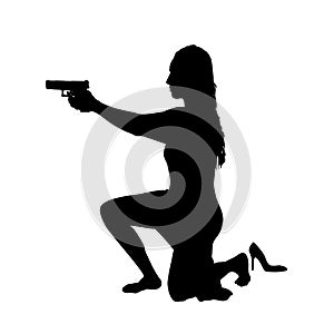 Girl shooting, female isolated silhouette. Beautiful woman spy in shootout. Heroine sit and aims, film action style. Vector
