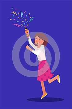 Girl with shooting slapstick cracker over blue photo