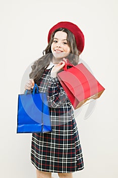 Girl with shopping bag. Save money. Rediscover great shopping tradition. Shopping and purchase. Black friday. Sale