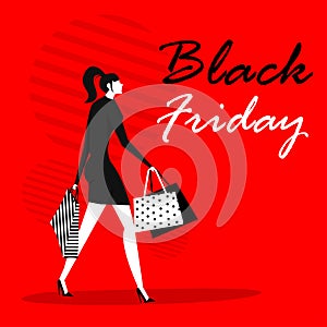 Girl shopping bags on black friday . Vector illustration in flat cartoon style