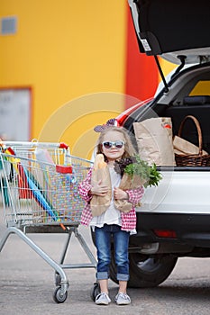 Girl with a shopping cart full of groceries near the car