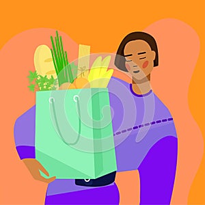 Girl shopping for groceries in paper bags. . Vector illustration