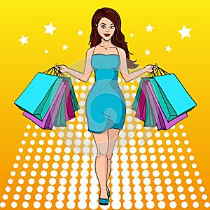 Girl with shopping. I bought a lot of clothes. Gift bags. Fashion illustration. Pop art