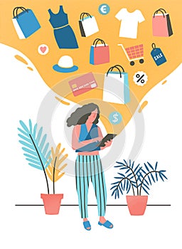 Girl shopping online flat vector illustration. Young woman buying, ordering clothes in internet store. Modern shopper