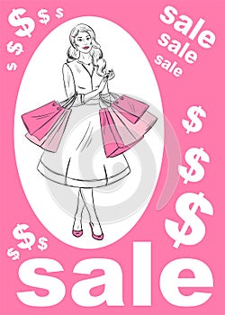 Girl with shopping on a pink background