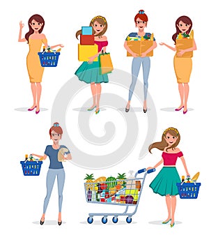 Girl shopping vector character set. Woman shopper happy holding shopping bags