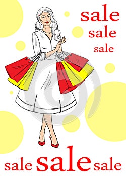 Girl with shopping on white background