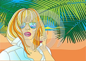 Girl on the shore morya.palmy sunny day.vektor illustration