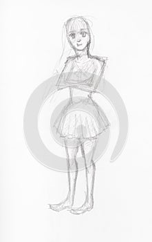 Girl in short dress hand drawn by black pencil