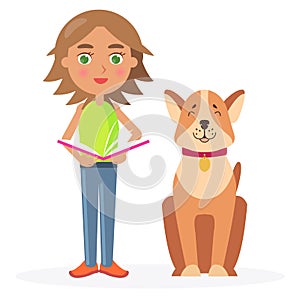 Girl with Short Hair Stands with Dog and Hold Book