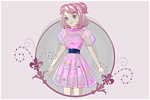 A girl with short pink hair wearing a pink dress