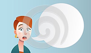 Girl with short red hair in cartoon style with speeech bubble. Beautiful vector flat design set template. Flyer nd site elements