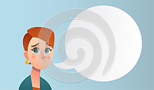 Girl with short red hair in cartoon style with speeech bubble. Beautiful vector flat design set template. Flyer nd site elements