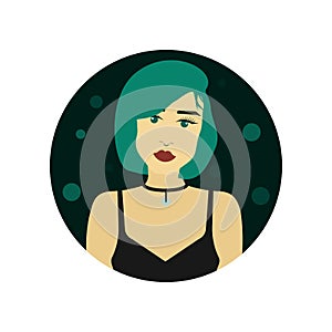 Girl with short turquoise hair. Bob cut hairstyle. Young woman with mint hair color on black background in batch