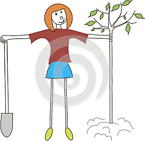 The girl with a shovel are planting the tree. Earth day, spring, fall, gardening, protection of nature