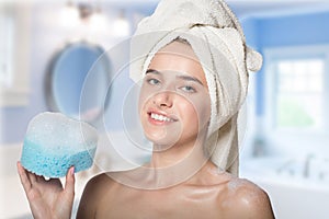 Girl in shower with blue bath wisp