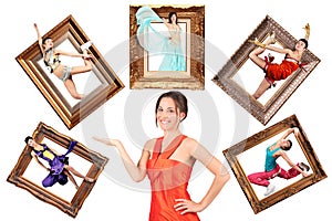Girl showes multi task many women in picture frame