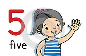 Girl showing five by hand. Counting education card