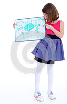 Girl showing her drawing