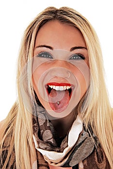 Girl showing pierced tongue.