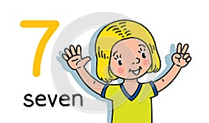 Girl showing seven by hand Counting education card