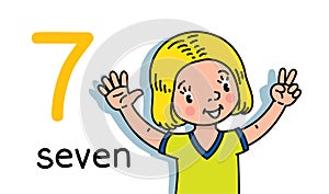 Girl showing seven by hand Counting education card photo