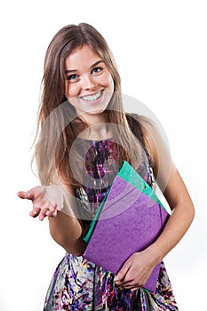 Girl showing something on the palm of her hand