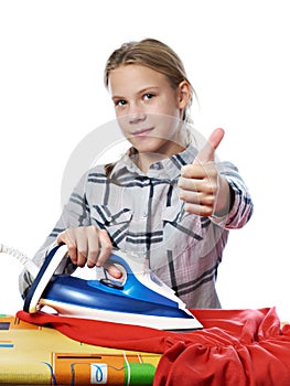 Girl showing thumbs up around ironing board and iron isolated