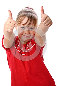 Girl showing thumbs up gesture isolated on white