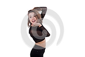 Girl showing tongue out isolated on white background