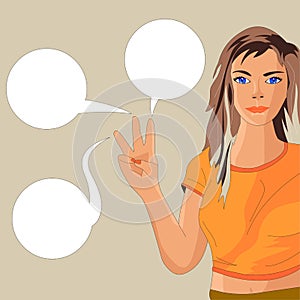 Girl shows gesture, three finger